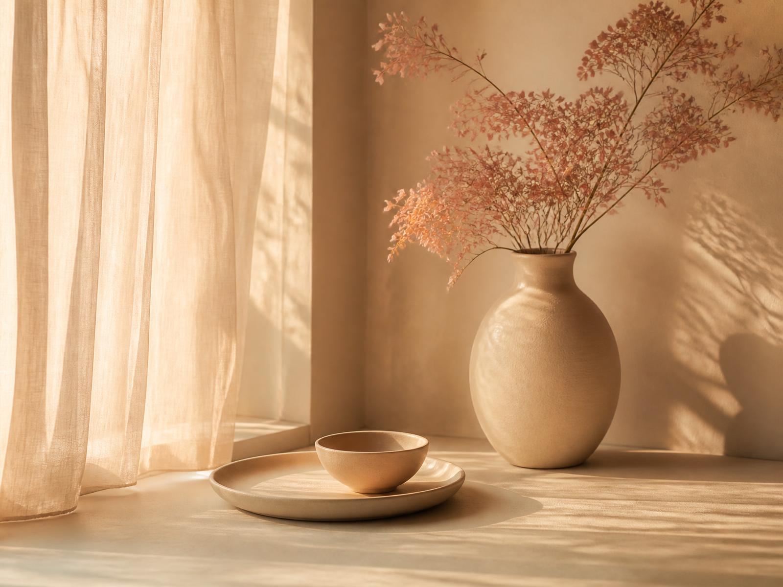 Soft morning light falling across a calm, minimal interior